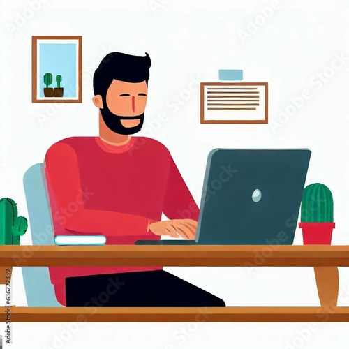 Freelance project man employee working on office desk laptop computer design.Professional business work job technology web communication education male digital company background vector illustration