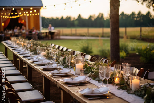 rustic wedding table setting with flowers in dror at home, in the garden.decoration with a lot of string lights and candles. Catering. banquet decor photo