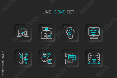 Set line Cloud database, Speech bubble chat, Humanoid robot, Smart glasses on spectacles, Futuristic sliding doors and Internet piracy icon. Vector