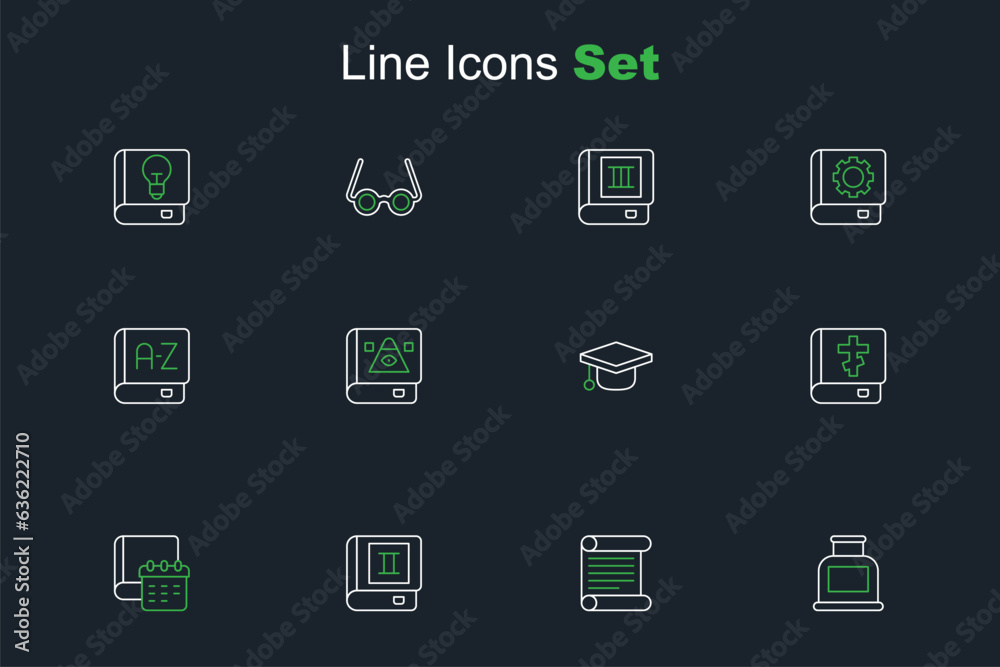 Set line Inkwell, Decree, parchment, scroll, Book, Daily paper notepad, Holy bible book, Graduation cap, Ancient magic and Translator icon. Vector Set line Inkwell, Decree, parchment, scroll, Book, Daily paper notepad, Holy bible book, Graduation cap, Ancient magic and Translator icon. Vector
