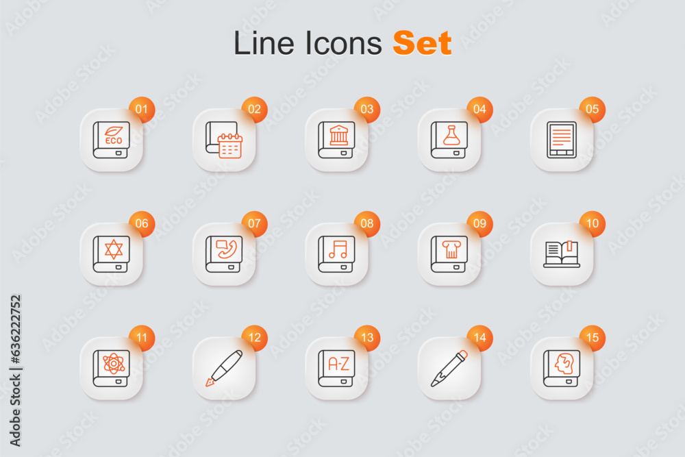 Set line Law book, Pencil with eraser, Translator, Fountain pen nib, Book about physics, Open, History and Audio icon. Vector Set line Law book, Pencil with eraser, Translator, Fountain pen nib, Book about physics, Open, History and Audio icon. Vector