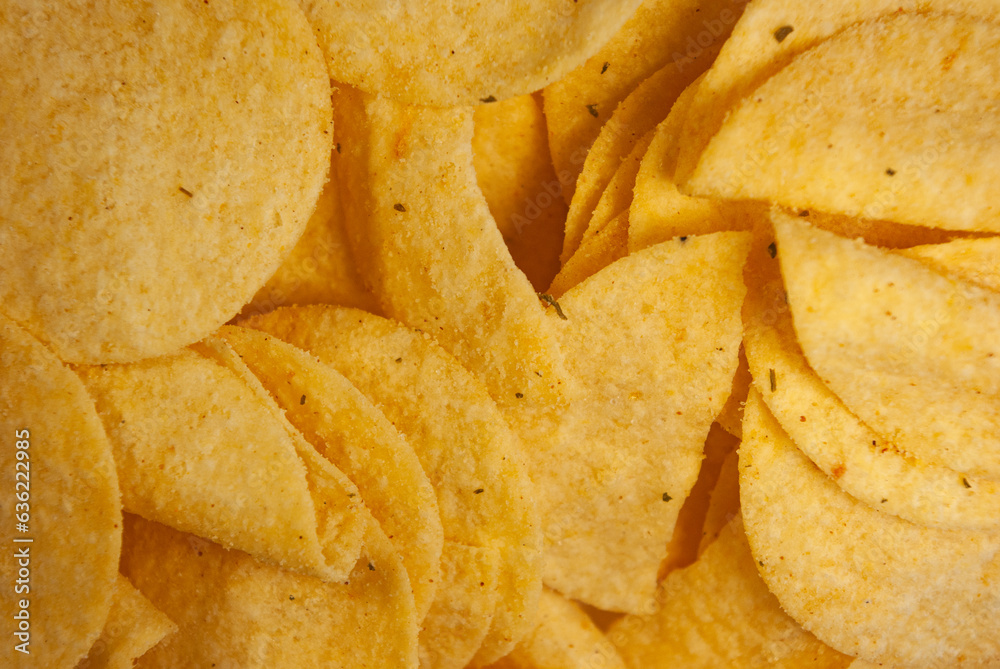 Chips close-up, fast food, background and textures, advertising Chips close-up, fast food, background and textures, advertising