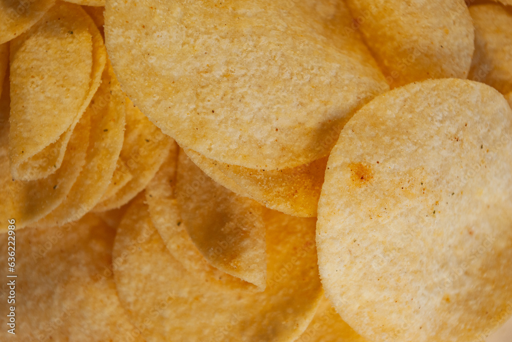 Chips close-up, fast food, background and textures, advertising