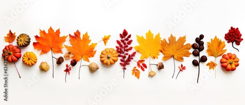 Autumn composition. Rowan berries  dried leaves  pumpkins  and flowers on white background. Autumn  fall  halloween  thanksgiving day concept. View from the top  with text space. Generative AI
