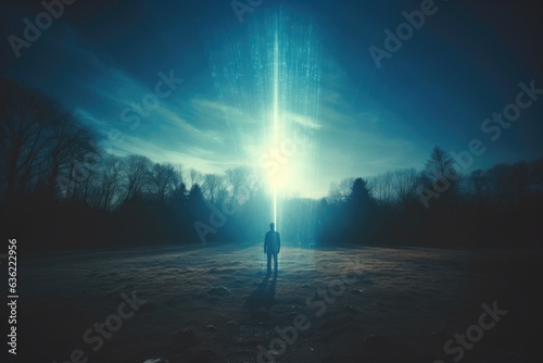 Man standing in the winter forest and looking at the light of the sun photo