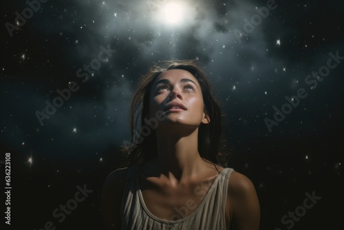 Portrait of a beautiful young woman in the night sky with stars