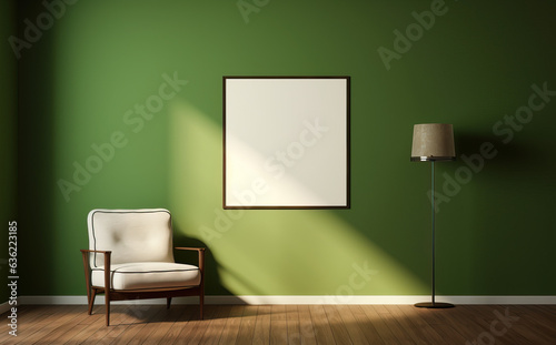 Interior of green living room with white armchair, lamp and empty poster. Mock up with frame © Darya