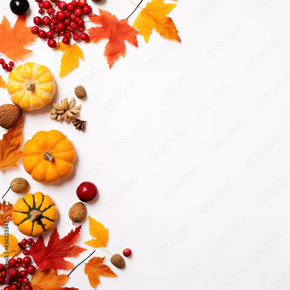 Fototapeta premium Autumn composition. Rowan berries, dried leaves, pumpkins, and flowers on white background. Autumn, fall, halloween, thanksgiving day concept. View from the top, with text space. Generative AI