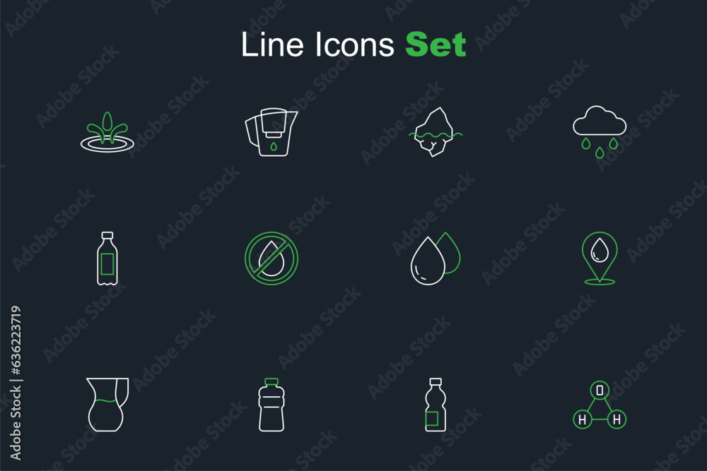Set line Chemical formula water H2O, Bottle of, Jug glass with, Water drop location, forbidden and icon. Vector Set line Chemical formula water H2O, Bottle of, Jug glass with, Water drop location, forbidden and icon. Vector