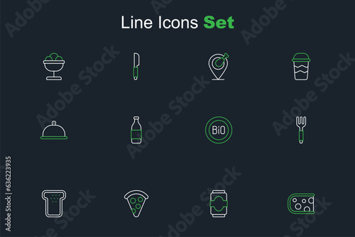 Set line Cheese, Soda can, Slice of pizza, Bread toast, Fork, Banner for bio, Bottle wine and Covered with tray food icon. Vector