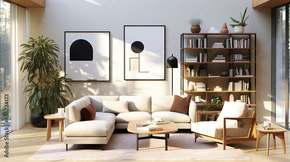 Fototapeta premium Stylish Living Room Interior Mockup, Modern Interior Design, 3D Render, 3D Illustration