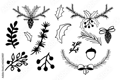 Pine cone, pine tree branch, berries and leaves, border ans mistletoe set in doodle style isolated on white background. christmas decoration, winter forest.