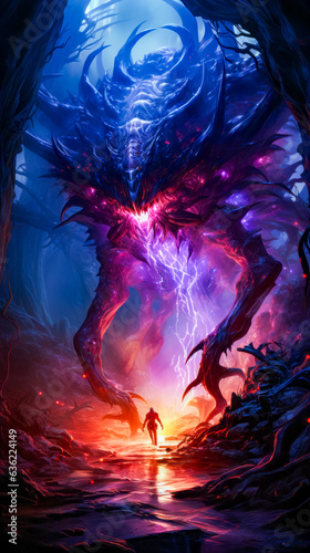 Man standing in the middle of forest next to giant dragon.