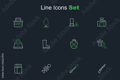 Set line Hunting gun, Medieval arrow, Dead fish, Open matchbox and matches, Paw search, Canteen water bottle, Waterproof rubber boot and place icon. Vector