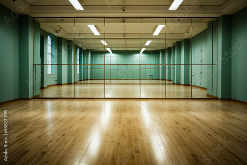 Empty room with mirrored wall and wood flooring.