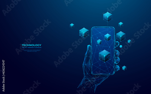 Abstract hand-holding phone with blockchain on an empty screen. Digital linked blocks hologram on modern smartphone. Metaverse or cryptocurrency concept. Low poly wireframe vector illustration.