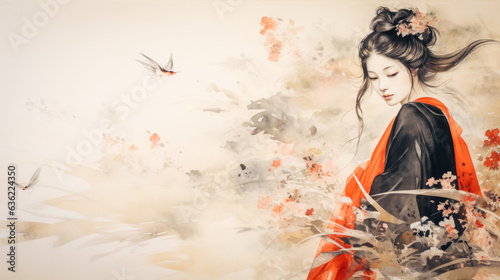 beautyful japanese geisha painted traditionel in ink on rice paper