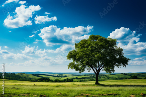 Lone tree in green field under blue sky.