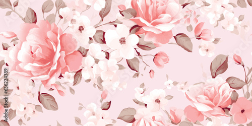 Flower and plant. Floral classic seamless print in shabby chic style. Flowers vector illustration: peony, rose, aster, leaves and plants for background, pattern and wallpaper