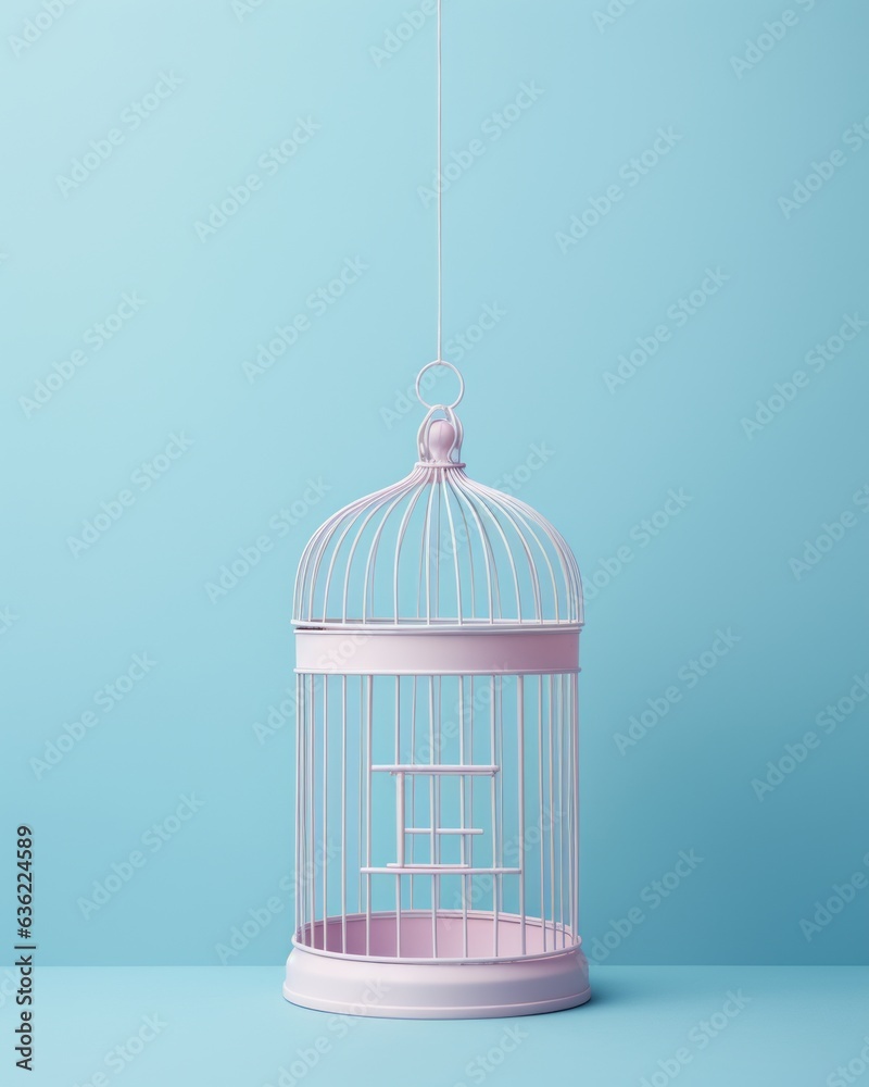 Minimal empty white birds cage against pastel blue background Minimal empty white birds cage against pastel blue background