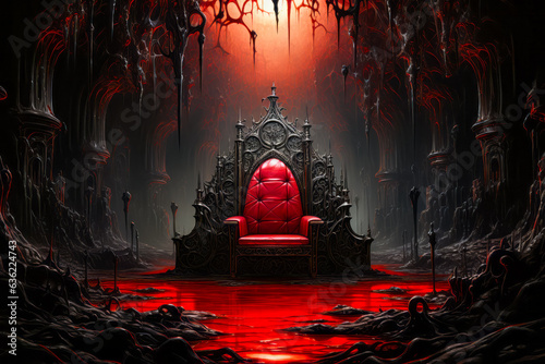 Red chair sitting in front of red light in dark forest.