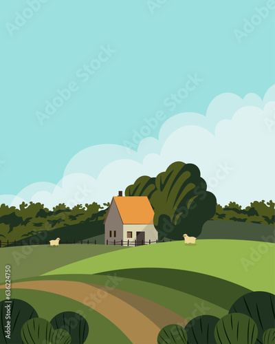 Village house travel poster, design for packaging, banner