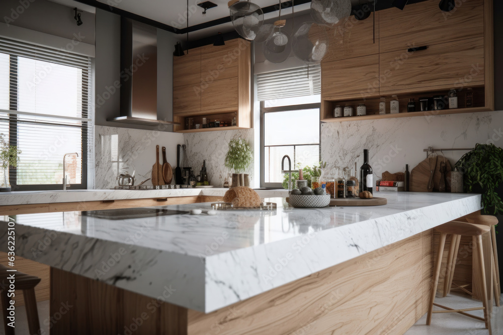 Experience a modern kitchen with a neutral color palette, elegant design, and practical layout, perfect for any home chef. Created with Generative AI.