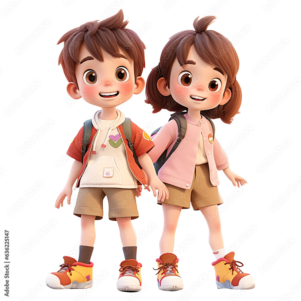 3D cartoon happy boy and girl character on transparent background ...