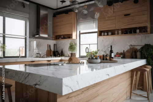 Experience a modern kitchen with a neutral color palette, elegant design, and practical layout, perfect for any home chef. Created with Generative AI. © sorapop