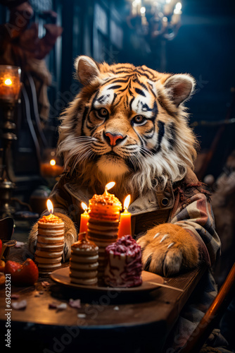 Stuffed tiger sitting in front of cake with lit candles. © valentyn640
