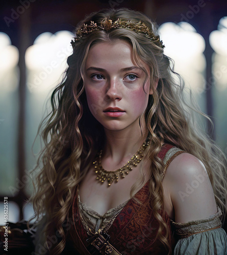 Saxon princess with long wavy blonde hair wears off the shoulder dress and tiara. Setting is the interior of a palace or castle blurred in the background.