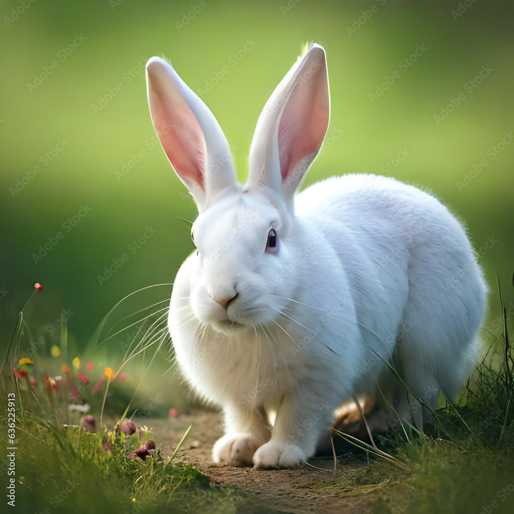 Fototapeta premium Easter, white rabbit laying Easter eggs. neutral background. AI generated.