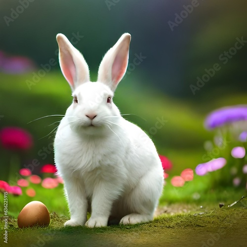 Easter  white rabbit laying Easter eggs. neutral background. AI generated.
