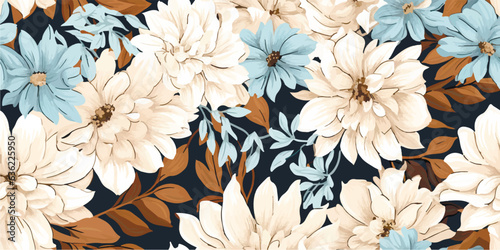 Flower and plant. Floral classic seamless print in shabby chic style. Flowers vector illustration: peony, rose, aster, leaves and plants for background, pattern and wallpaper