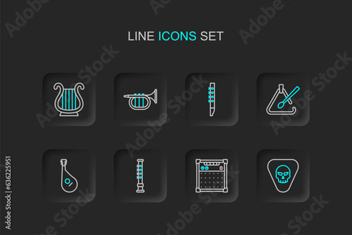 Set line Guitar pick, amplifier, Flute, Bandura, Triangle musical instrument, Trumpet and Ancient Greek lyre icon. Vector