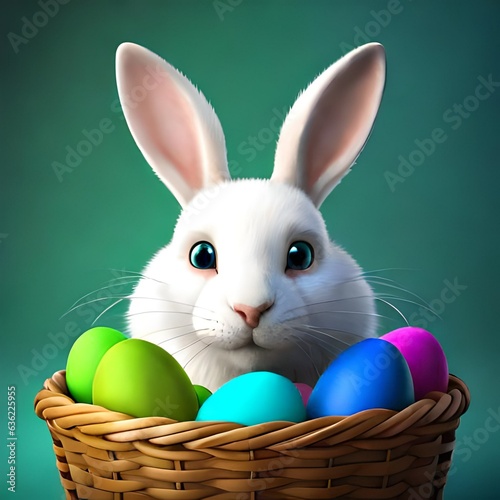 Easter  white rabbit laying Easter eggs. neutral background. AI generated.
