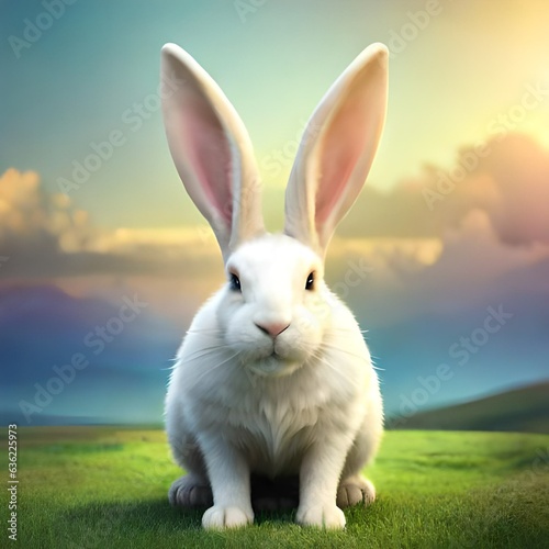 Easter, white rabbit laying Easter eggs. neutral background. AI generated. © Alexander