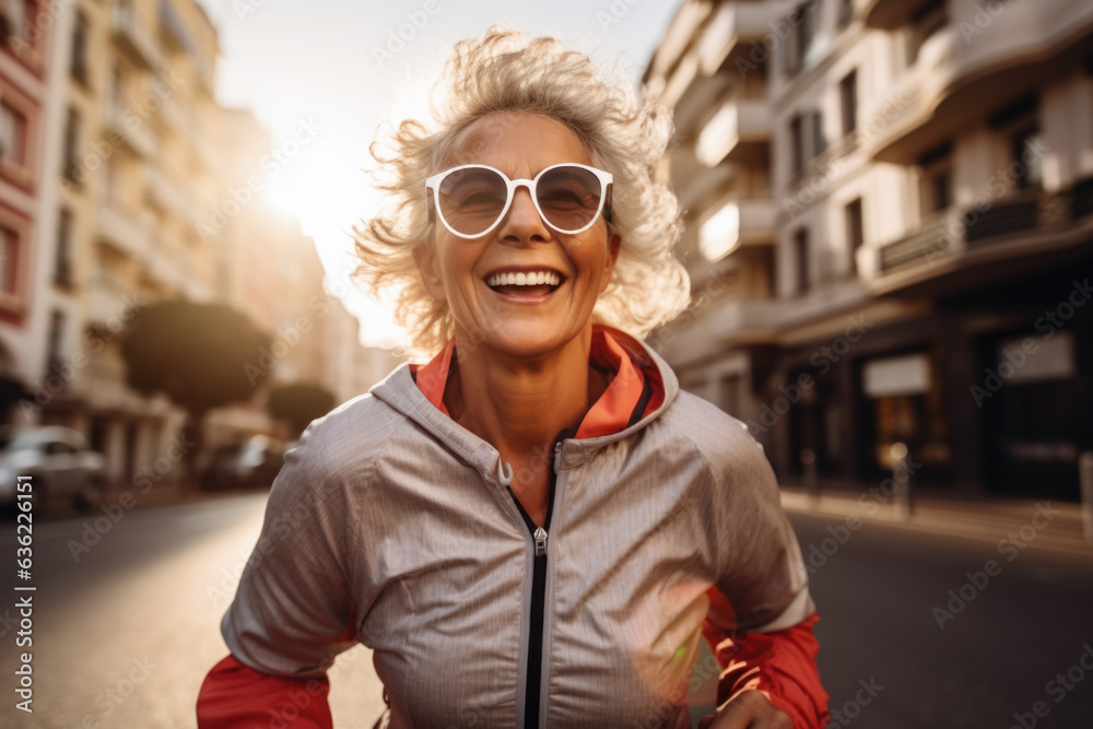 Happy active elderly woman wearing sportswear and sunglasses jogging in city street in the morning.
