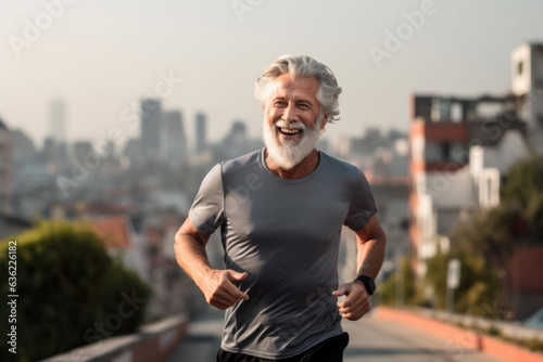 Happy mature gray-haired man running outdoors in the morning.