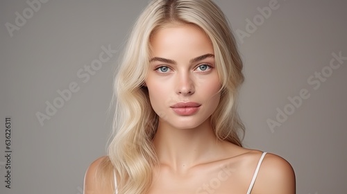 closeup portrait of a young blonde woman with a studio background - mockup template for skincare/beauty products/ads (generative AI)