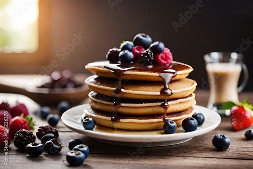 Pancake with cream and jam on a neutral background created and generated by AI