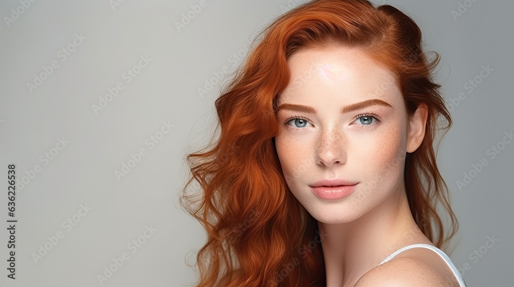 closeup portrait of a redheaded woman with a studio background - mockup template for skincare/beauty products/ads (generative AI) closeup portrait of a redheaded woman with a studio background - mockup template for skincare/beauty products/ads (generative AI)