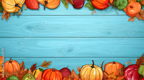 Autumn harvest or Thansgiving day background with pumpkins on blue planks, generative ai photo