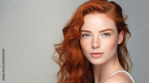 closeup portrait of a redheaded woman with a studio background - mockup template for skincare/beauty products/ads (generative AI)