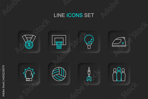 Set line Bowling pin, Dart arrow, Volleyball ball, Punch boxing gloves, Racing helmet, Golf on tee, Basketball backboard and Medal icon. Vector © Iryna