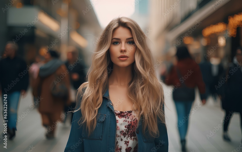 A young woman walking in a modern city, a photo of a pretty cute lady.