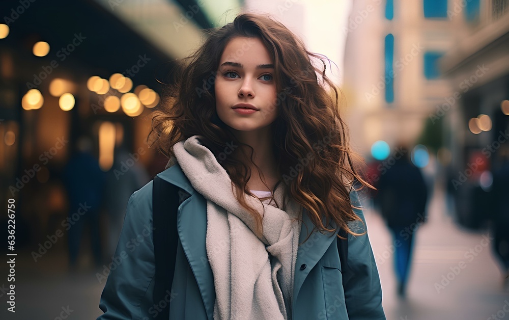 Obraz premium A young woman walking in a modern city, a photo of a pretty cute lady.