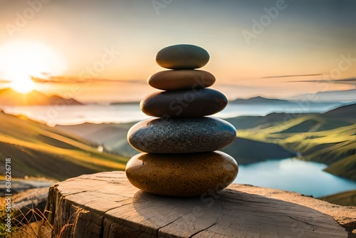 zen stones in front of mountains