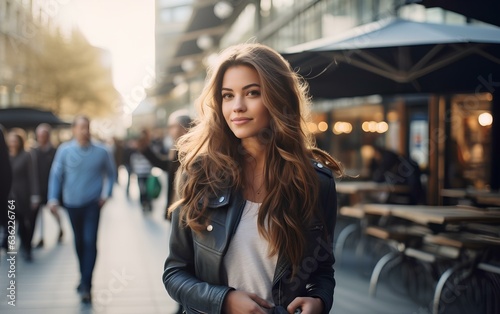 A young woman walking in a modern city, a photo of a pretty cute lady.