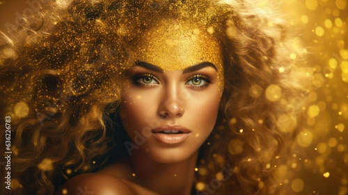 Golden glitter background with woman face created with Generative AI